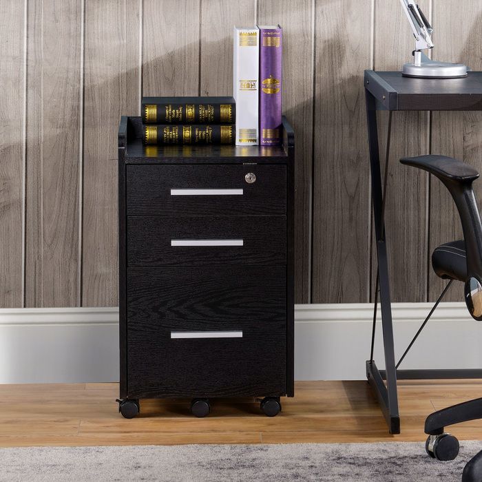 Mueble de oficina HOMCOM, escritorio con ruedas, 3 cajones (1 con cerradura), 1 organizador de archivos, madera negra.