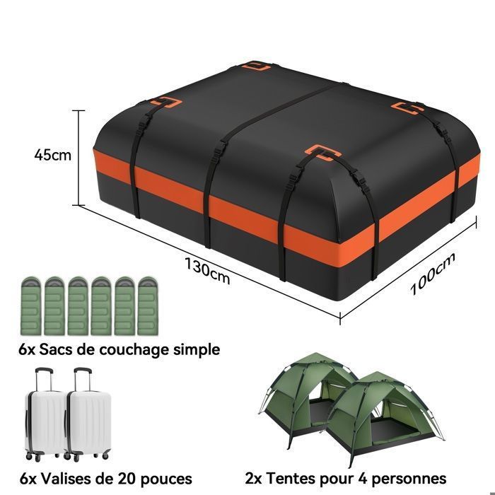 Coffre de Toit Voiture pour Voyage Étanche de 600 L - 130 x 100 x 45 cm - Sac de Toit résistant aux intempéries