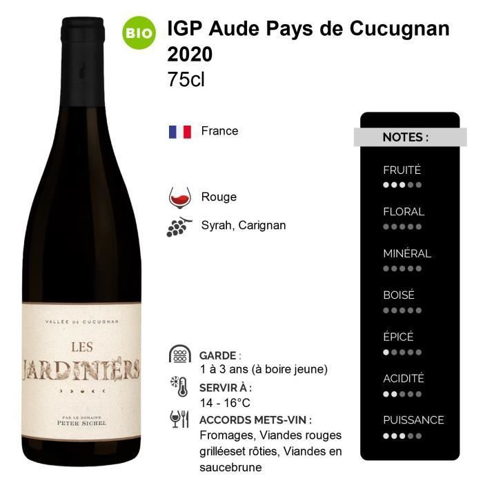 Aude Pays de Cucugnan Les Jardiniers Rouge 2020 - Bio - Lot de 3x75cl - Domaine Peter Sichel - Vin IGP Rouge du Languedoc -