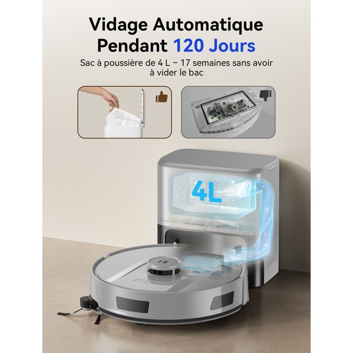 Aspirateur Robot Laveur 4-en-1,20000 Pa-Redroad R11-200min Autonomie,Vidange Auto,avec Navigation LiDAR,Charge-Auto,avec App-Gris