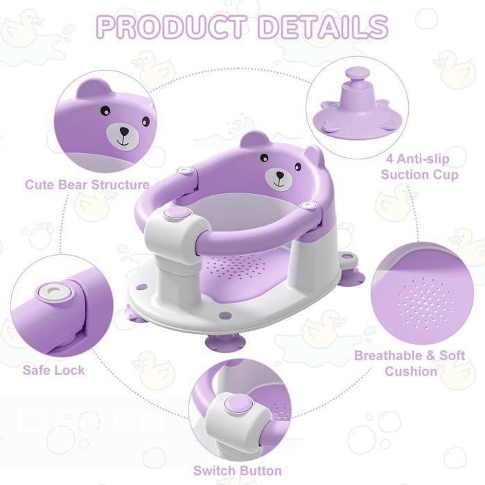 Asiento de baño para bebés de 6 meses en adelante, antideslizante, con 4 ventosas y cojín, color gris.