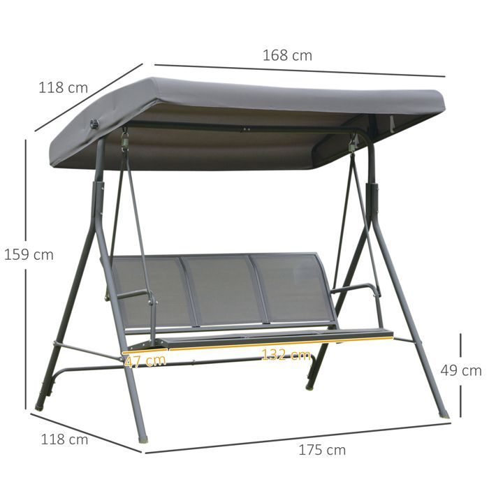 Altalena da giardino Outsunny - 3 posti - tettuccio inclinabile regolabile - sedile e schienale ergonomici - acciaio e textilene - grigio