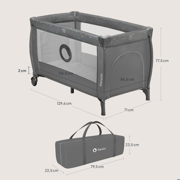 Cuna de viaje compacta 2 en 1 LIONELO Stefi Plus - Parque infantil - Colchón de espuma T25 - 0-36 meses - Plegado rápido - 2 ruedas - Gris