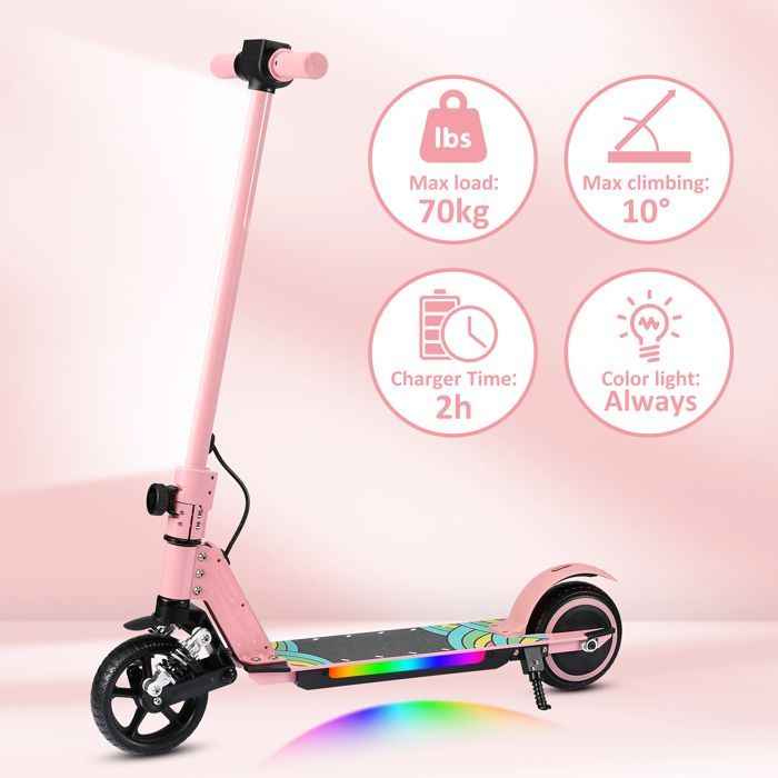 Trottinette électrique Enfants Avec Amortisseurs- Néons colorés  - 130W - Pliable Scooter - écran LCD - aux 6-12 ans - Rose