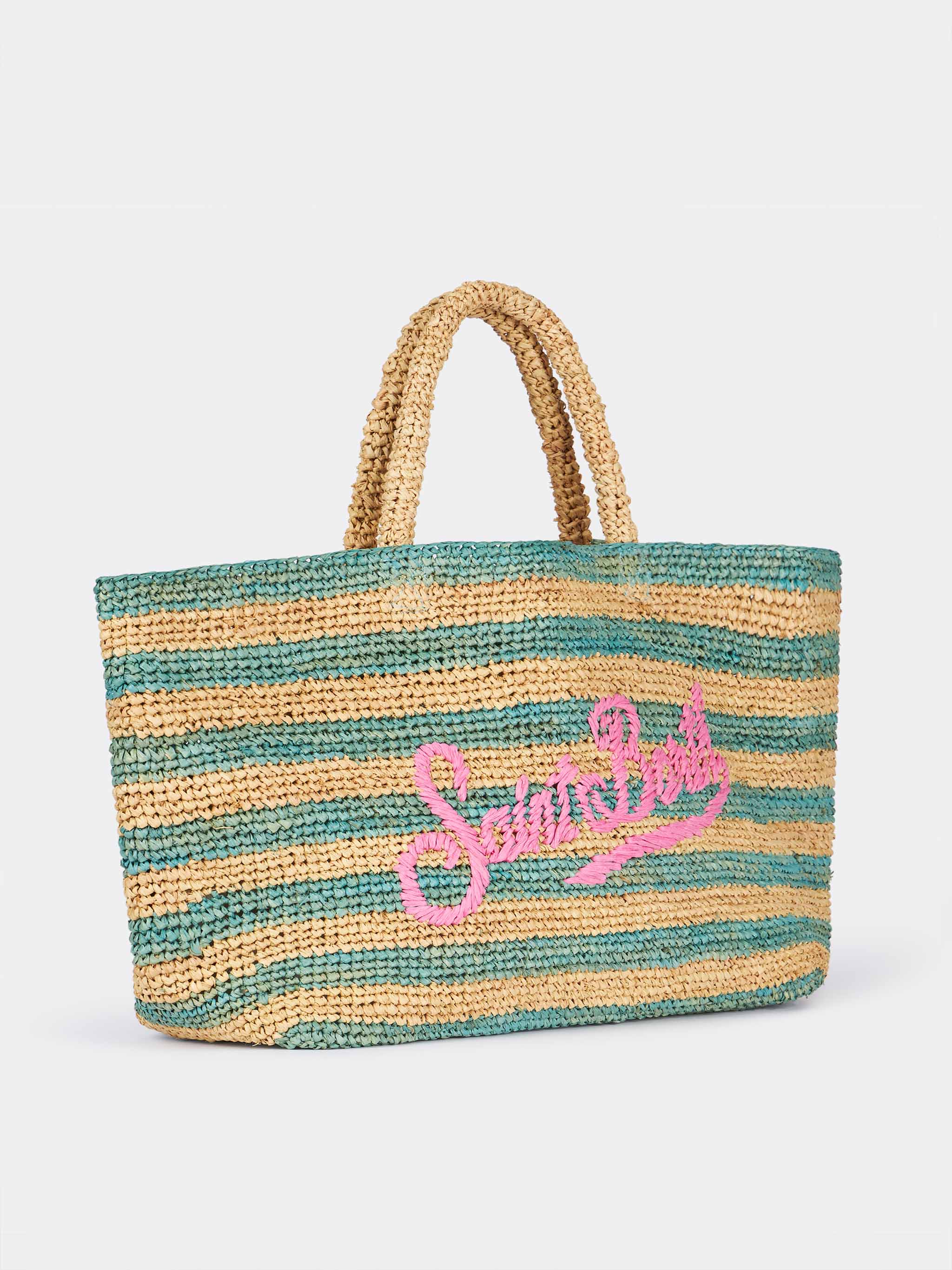 Raffia strandtas met turquoise gestreepte print en geborduurd Saint Barth-logo - Afneembaar katoenen etui | MC2 Saint Barth