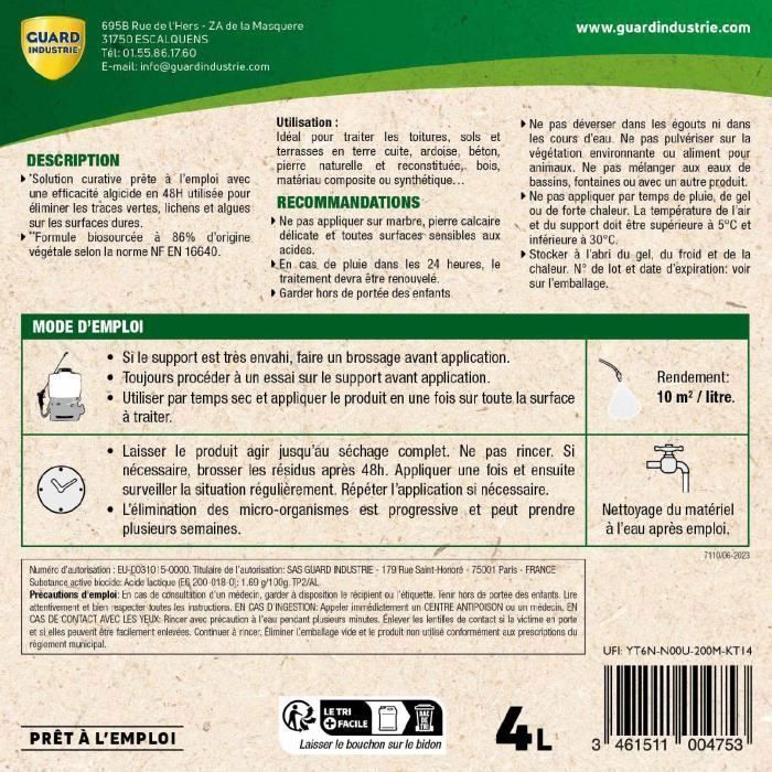 Prodotto per la pulizia di esterni - Fungicida - Guard industrie - Francese - 40 m2 - Azione visibile entro 48 ore.