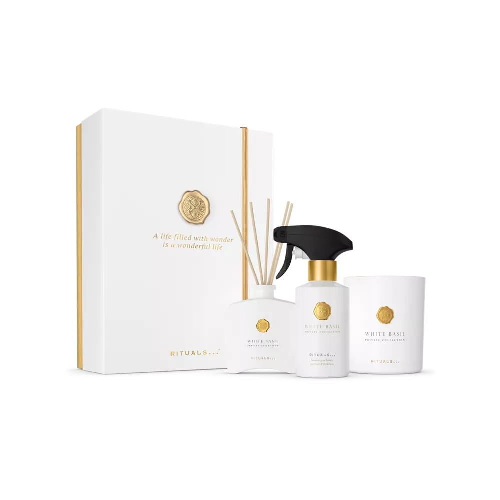 Set de regalo Private Collection Albahaca Blanca L: vela aromática de 360 g, mini varitas aromáticas de 100 ml, perfume para el hogar de 250 ml.