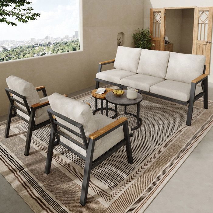 Garden furniture set - 3-seater sofa - 2 armchairs - 2 coffee tables - Marble-effect lacquered glass tabletop