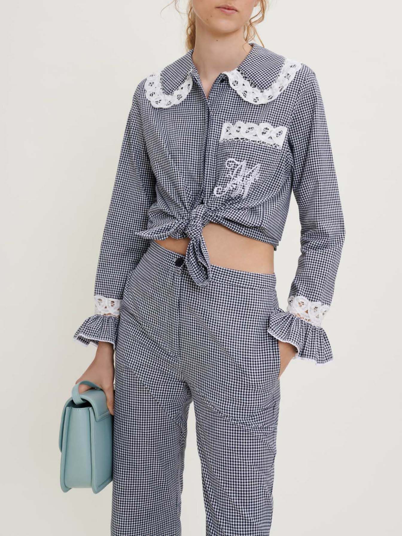 Gingham en kanten overhemd - Marineblauw/Ecru