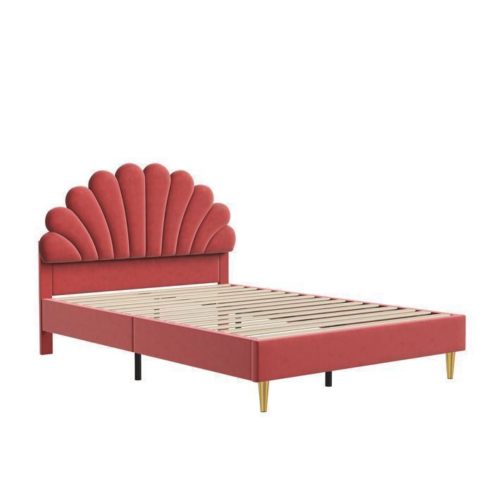 Cama POCKETPOP de 140x190cm en terciopelo burdeos - Estructura de madera y metal, base de láminas, cabecero con forma de pétalo, doble