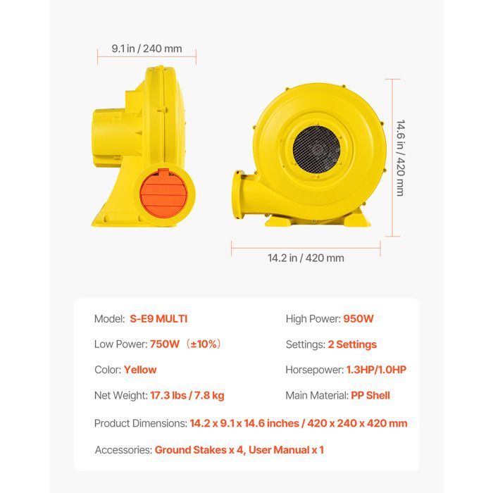 Soprador para infláveis - DUOKU - S-E9 MULTI - 870 W e 950 W - Ideal para castelos infláveis - Uso externo