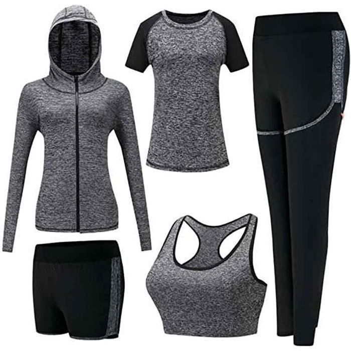 Ensembles de Survêtement pour Femmes Vêtements de Sport Extensibles Combinaison 5 pièces de Jogging Entraînement Fitness Yoga Gris