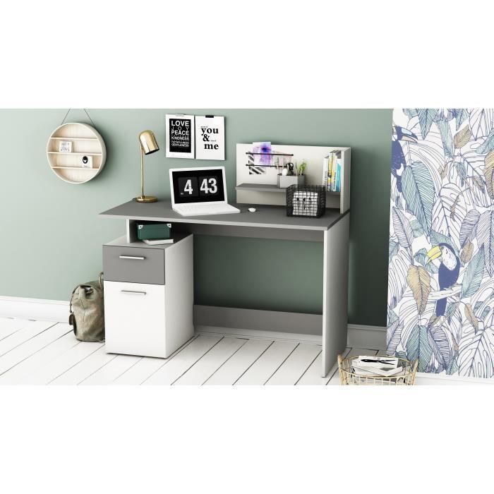 Escritorio recto - Blanco y gris - Contemporáneo - Ancho 121,5 x Alto 109,7 x Profundidad 55,1 cm - 1 puerta, 1 cajón - PLATON