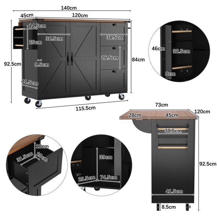 Desserte de Cuisine - TKOPY - Bîlot de Cuisine extensible sur roulettes avec 3 tiroirs et 2 portes - 140x73x92.5cm - Noir