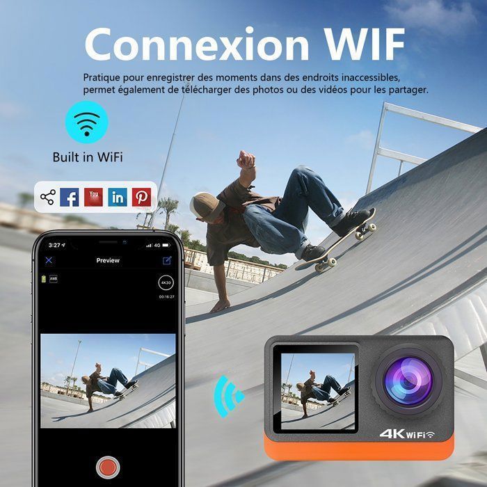 Action camera, 4K a 60 fps, impermeabile, Wi-Fi, touchscreen, slot per scheda SD da 128 GB, obiettivo ultra grandangolare da 170°, stabilizzazione EIS, telemetria fino a 30 m, controllo remoto a 2,4 GHz, Sony 386 nera