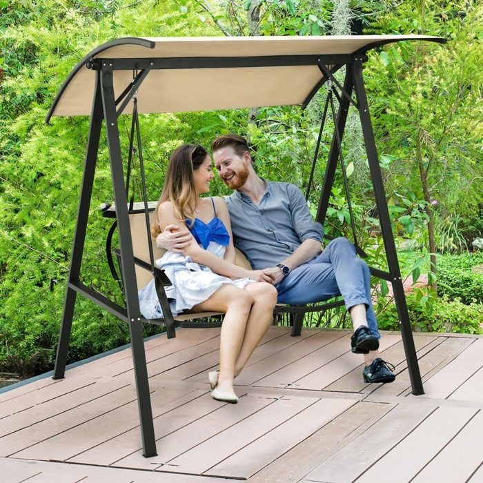 Silla colgante de 2 plazas DREAMADE con toldo ajustable, estructura metálica y asiento de tela, ganchos de resorte, para jardín, balcón o patio.