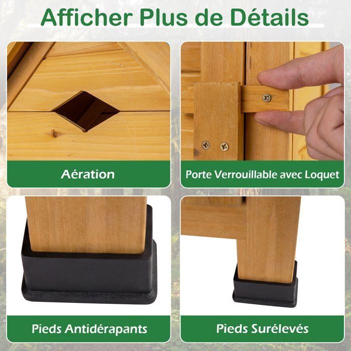 Armoire de Rangement Jardin en Bois de Sapin COSTWAY-Porte Verrouillable,4 Étagères Amovibles,Plancher-Toit Inclinée-Ventilation