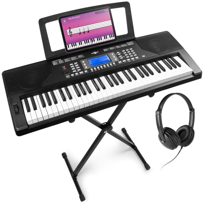 Max Rhapsody61P - Tastiera elettronica semipesata a 61 tasti, con cuffie e supporto inclusi, altoparlanti stereo -
