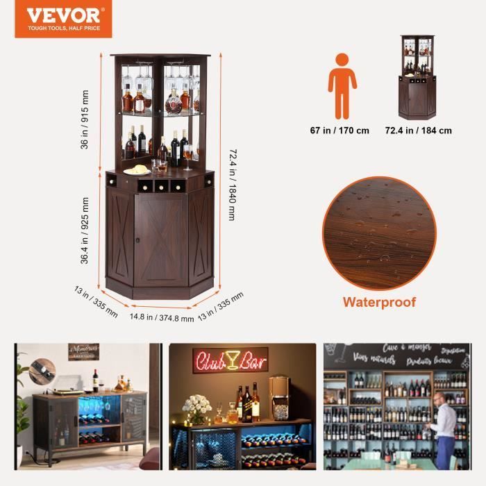 Mueble esquinero industrial VEVOR con puerta - Botellero independiente grande con soporte para copas - Sala de estar, cafetería, marrón