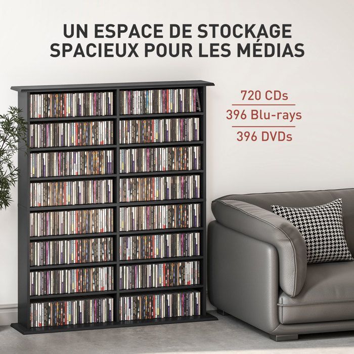 Rangements pour CD et DVD - HOMCOM - 16 compartiments et 12 étagères réglables - capacité max. 720 CD/396 DVD et Blu-ray - noir