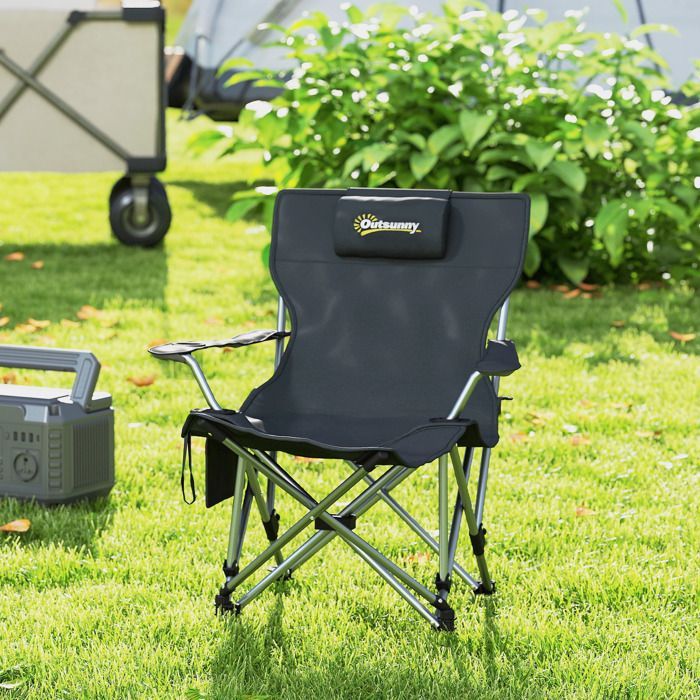 Campingstoel - Outsunny - opvouwbaar - met afneembare voetensteun, hoofdsteun, bekerhouder en draagtas - zwart