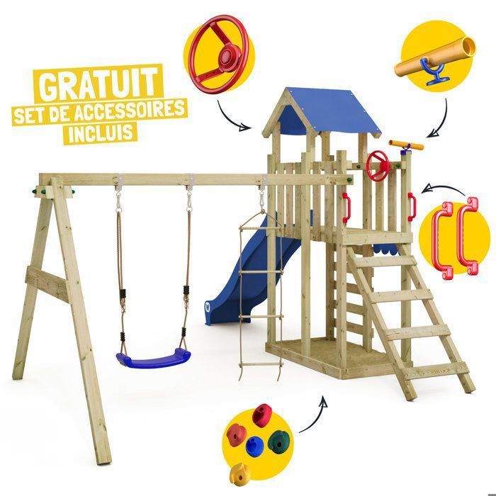 Torre de juegos de madera ligera WICKEY MultiFlyer con columpio, escalera de cuerda y tobogán, 220 cm, verde – 10 años de garantía*