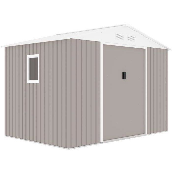 Caseta de jardín metálica de 5,29 m² - 277 x 191 x 202 cm - VENUS. Incluye kit de anclaje, 2 puertas correderas y 1 ventana lateral. Color topo.