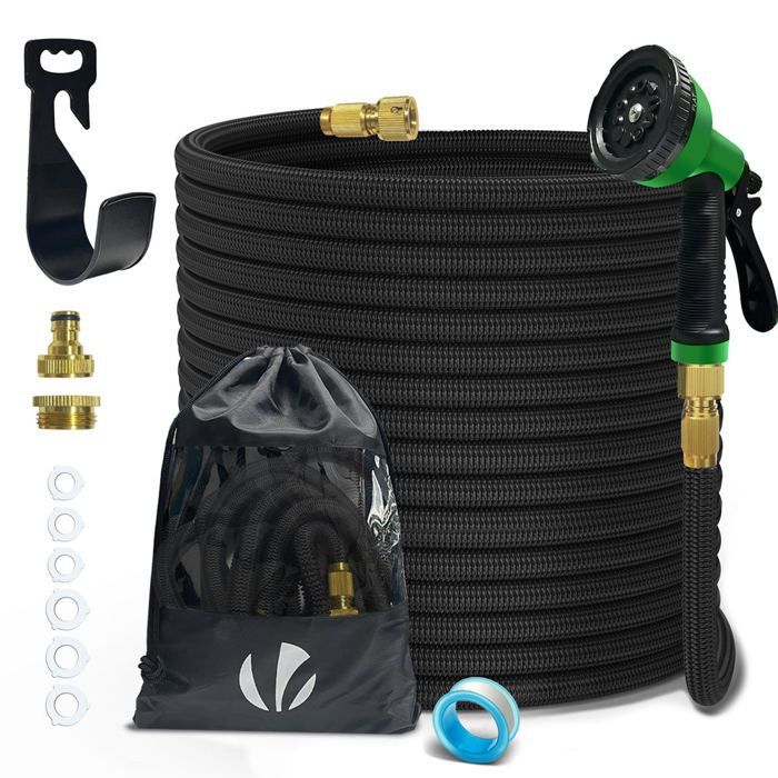 Manguera de jardín extensible reforzada VOUNOT® de 30 m, color negro - 10 modos - Conector y bolsa de almacenamiento incluidos - Flexible y a prueba de fugas