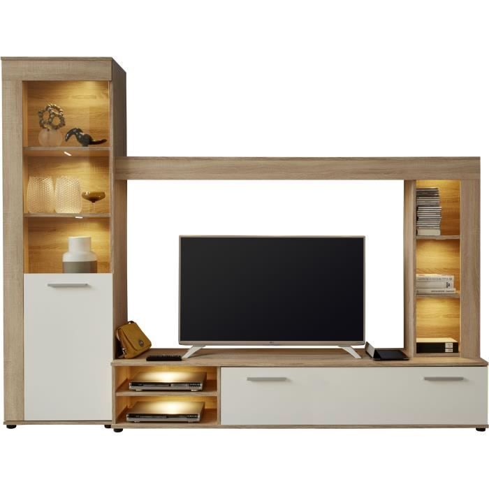 3-teiliges LOGO TV-Möbelset – 1 Tür – LED-Beleuchtung – Eiche hell und Melamin mattweiß – B 240 x T 41 x H 185 cm – TRENDTEAM