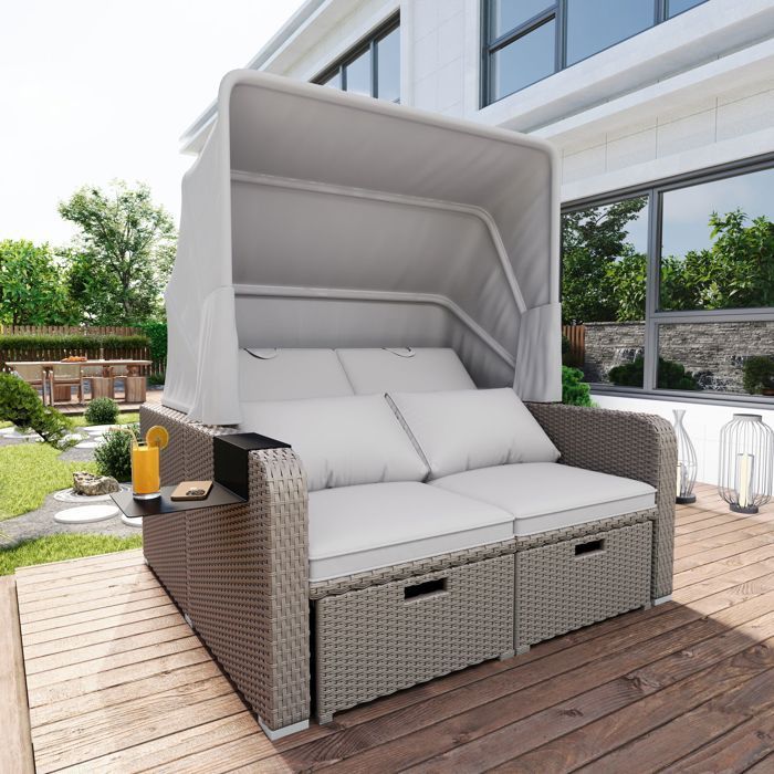 Set di mobili da giardino allungabile - Divano lounge in rattan PE con tettuccio regolabile - Struttura in acciaio - Tortora