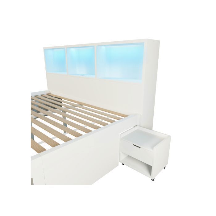 Lit adulte 140x190 cm - Lit double - Avec tête de lit avec LED, USB et Type C - Avec tiroir et chevets - Blanc - Sans matelas