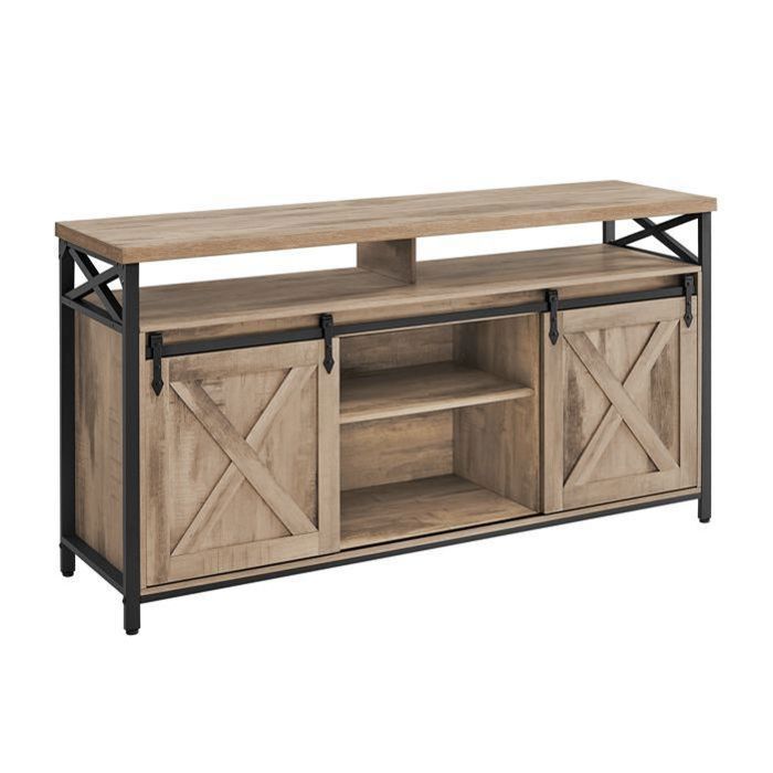 Mueble para TV de hasta 65 pulgadas, con estantes ajustables, puertas estilo granero, estructura metálica, color marrón camel y negro.