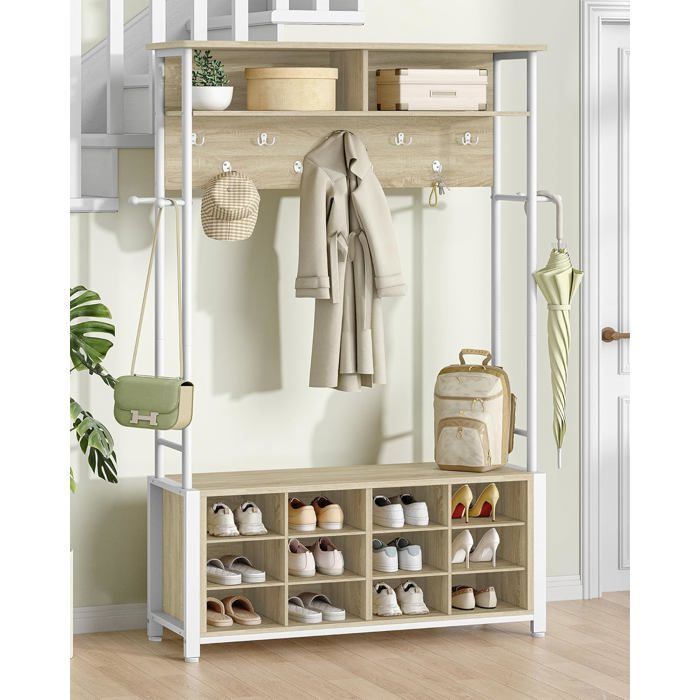 Coat rack, entryway furniture with shoe bench, 14 open compartments, 13 shelves, for entryway, hallway, oak and white