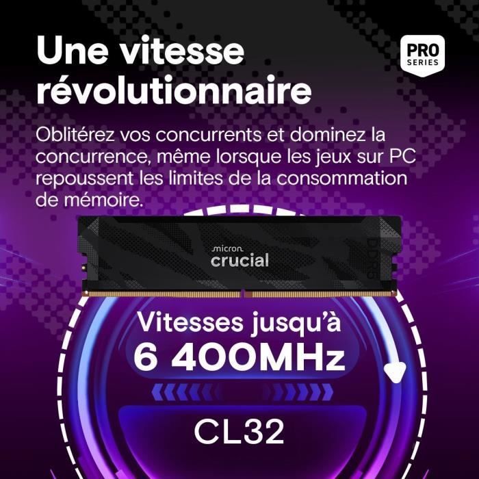 Gaminggeheugen - CRUCIAL Pro OC - CP16G64C32U5B - 16GB DDR5-6400 UDIMM - CL32 met koelblok - Zwart
