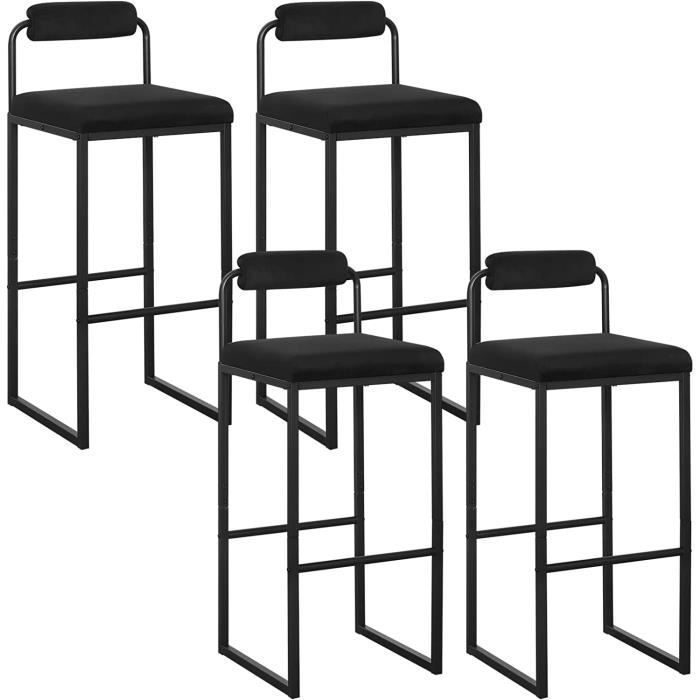 WOLTU 4x Tabourets de Bar en Velours et Métal, Chaise Haute Bar, Design Moderne, Hauteur du Siège 75cm, Noir BH343sz-4