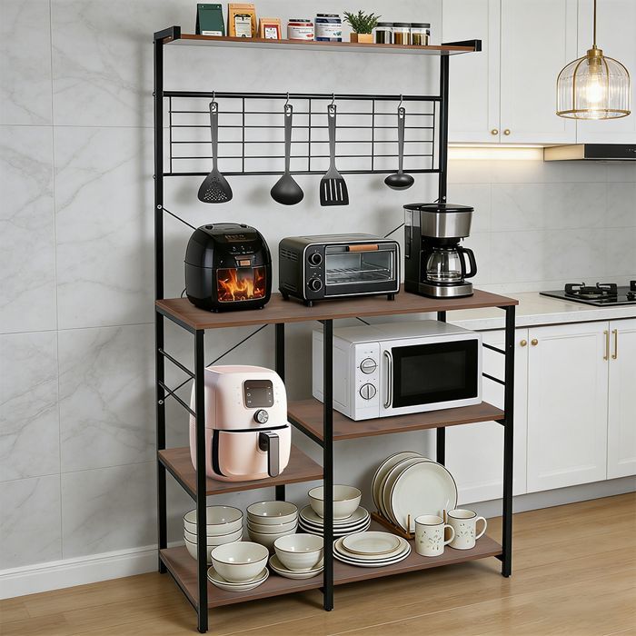 Scaffale da cucina a più livelli con ganci - YIYI - 90*40*168 cm - Marrone + Bianco