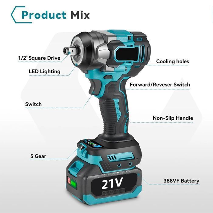 Llave de impacto inalámbrica de 1200 Nm, equipada con 2 baterías, herramienta eléctrica para reparación de automóviles.