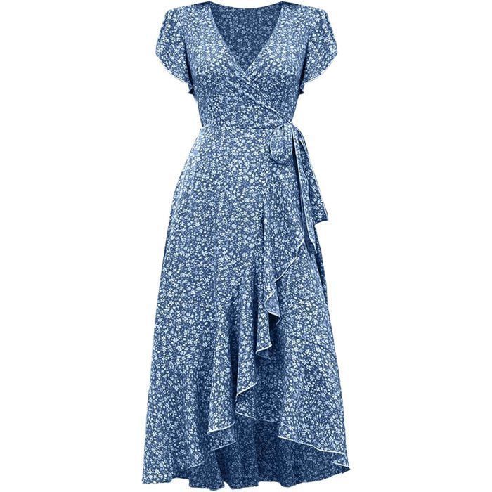 Robe Fleurie Femme Ete À Manches Courtes Col en V Chic Floral Swing Elegant Wrap Élastique