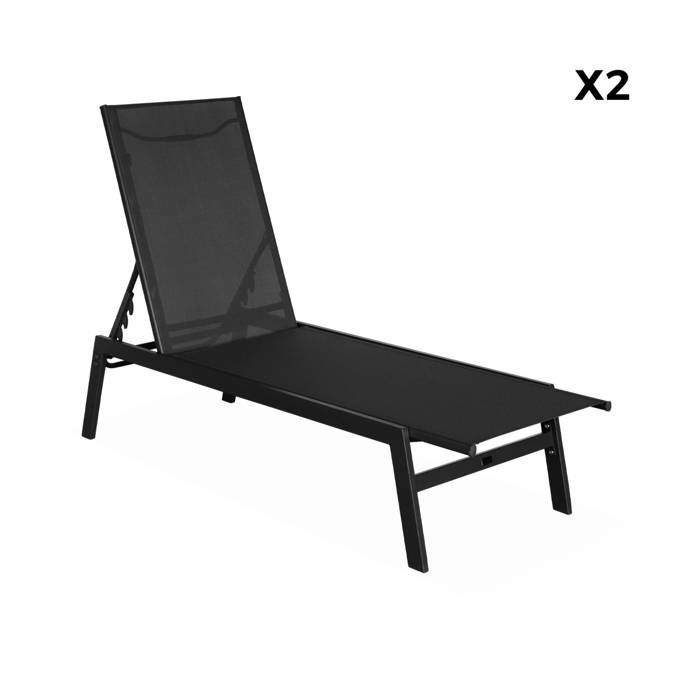 Set di 2 lettini prendisole neri. 5 posizioni. Realizzati in textilene e metallo. FLORA. L155 x P59 x H106 cm
