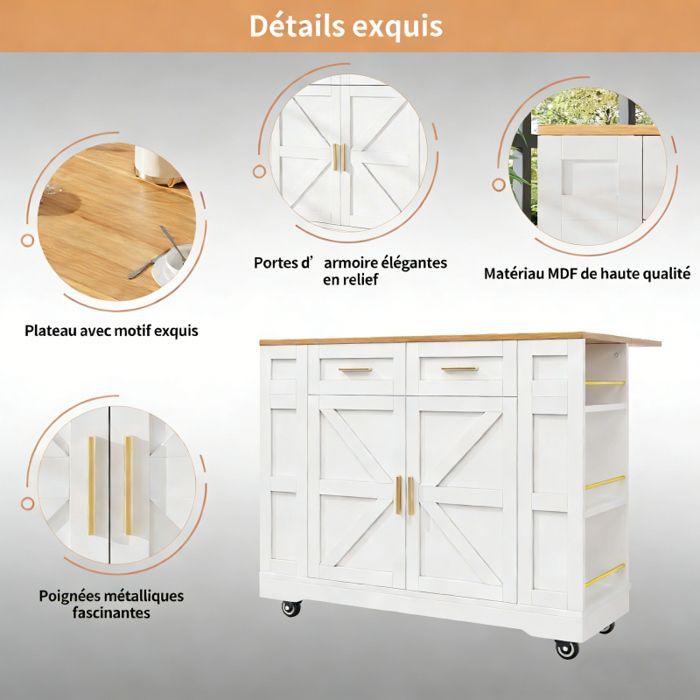 Îlot de Cuisine avec Plateau Extensible - 2 Portes + 2 Tiroirs + Espace de Rangement latéral+Étagères Réglables et 6 Roues