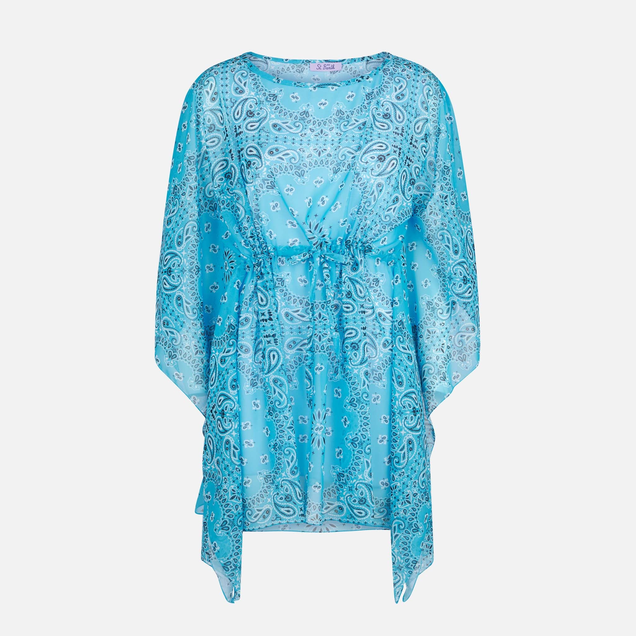 Trykt kaftan med turkis bandana-print | Poncho med lange ærmer og bådudskæring | One Size | 100% polyester | MC2 Saint Barth