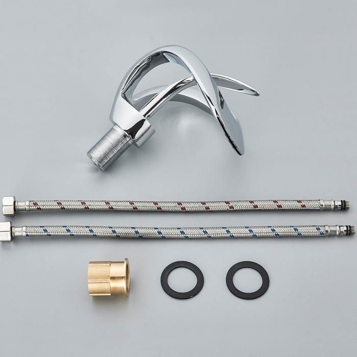 Rubinetto da bagno a cascata, elegante miscelatore per lavabo, acqua calda e fredda disponibili, finitura cromata.