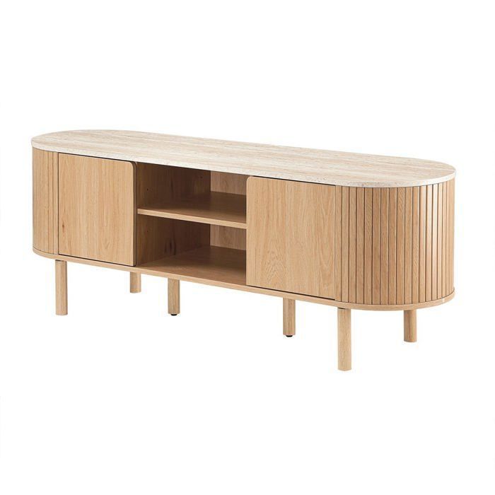 CALICOSY - Meuble TV 2 portes avec plateau effet travertin L140 cm - HELIOS - Bois clair