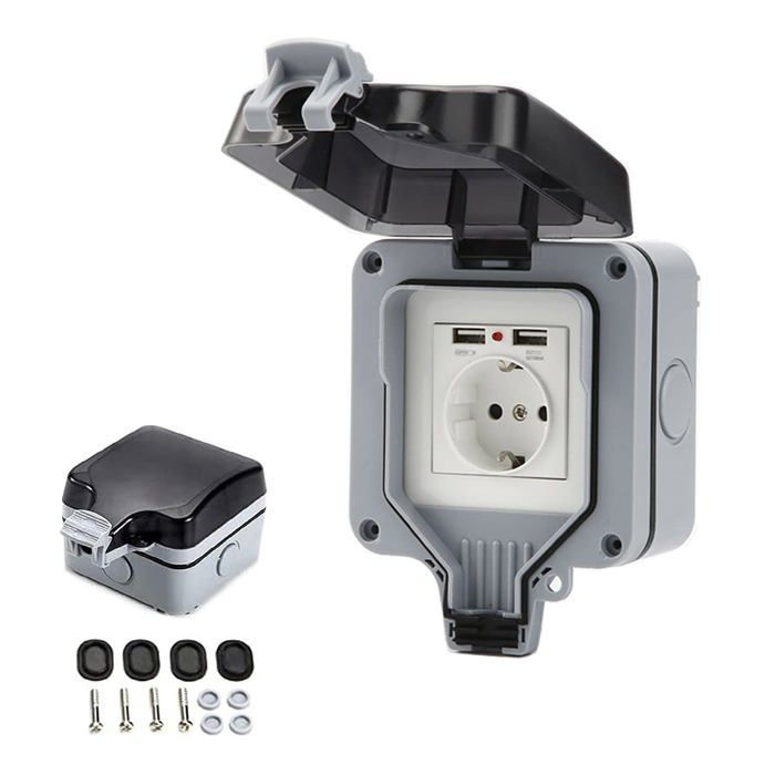 Enchufe de pared impermeable IP66 AIMOONSA – Toma de corriente exterior con tapa y puertos USB