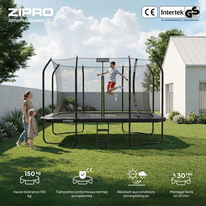 Trampolino rettangolare ZIPRO JumpPro Quadro 8x12FT (244x366 cm) - Rete di sicurezza interna + scaletta - Portata massima 150 kg