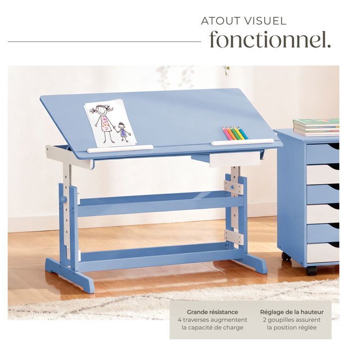 ESCRITORIO PARA BEBÉS/NIÑOS - TECTAKE - Escritorio infantil regulable en altura e inclinable de 109 cm x 55 cm x 94 cm + cajón de almacenamiento -