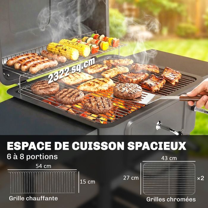 Barbecue charbon de bois - Outsunny - avec couvercle, bac à charbon et évents réglables 600°C thermomètre - métal - 112cm - noir