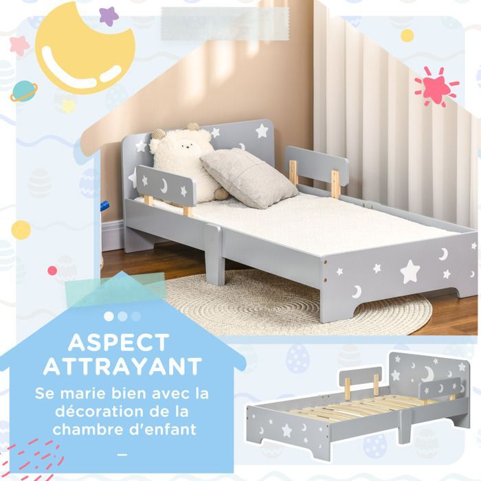 Lit pour enfants - ZONEKIZ - de 3 à 6 ans - design étoiles et lune - sommier à lattes inclus - 143 x 76 x 49 cm - gris