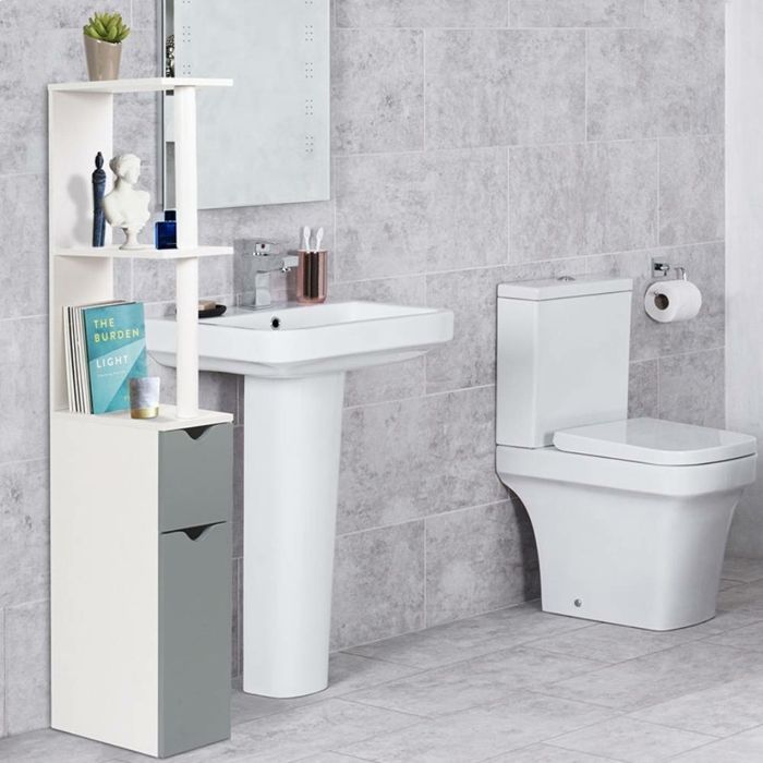 Meuble WC effet bois avec 2 portes grises