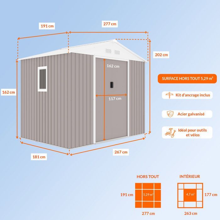Caseta de jardín metálica de 5,29 m² - 277 x 191 x 202 cm - VENUS. Incluye kit de anclaje, 2 puertas correderas y 1 ventana lateral. Color topo.